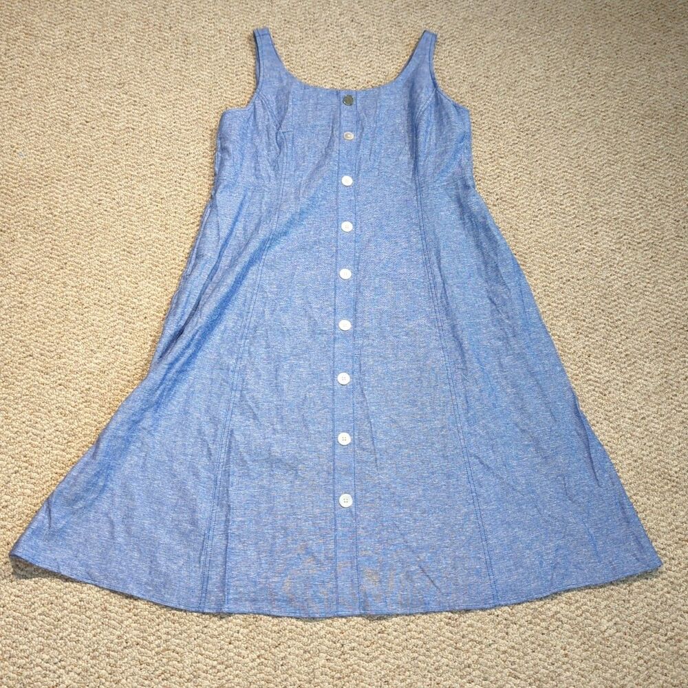 Anne Klein Sleeveless Linen Blend Tank Dress Womens PXL Blue Buttons Pockets